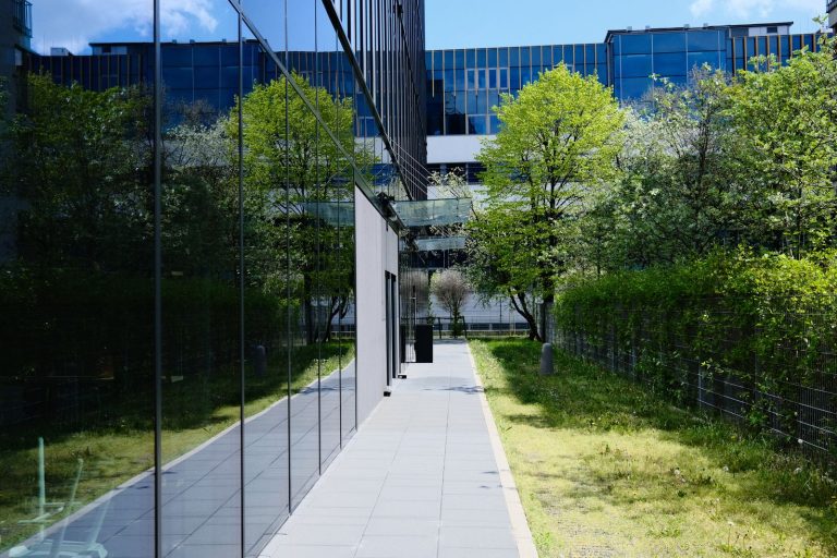 The Growing Demand for Commercial Grounds Management in Bangalore 9 Modern glass office building with a landscaped green walkway and trees