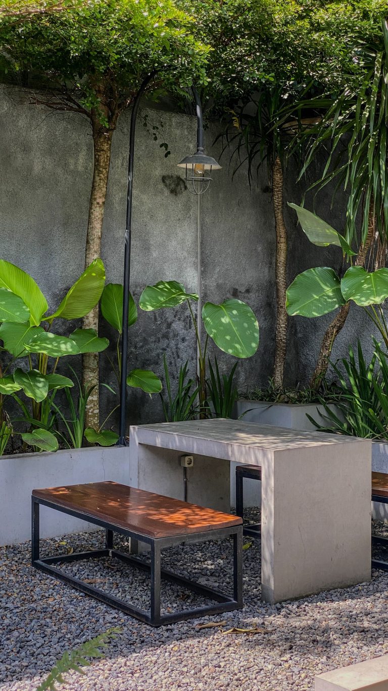 Contemporary garden courtyard with concrete furniture and tropical planting