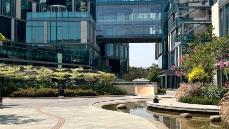 Landscaped corporate tech-park campus with paved plaza, planting and water feature