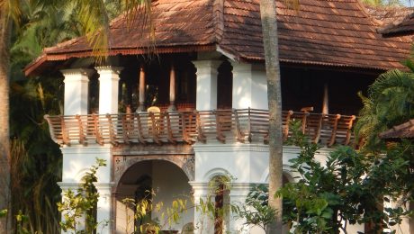 Traditional South Indian heritage villa with a green lawn and coconut palms