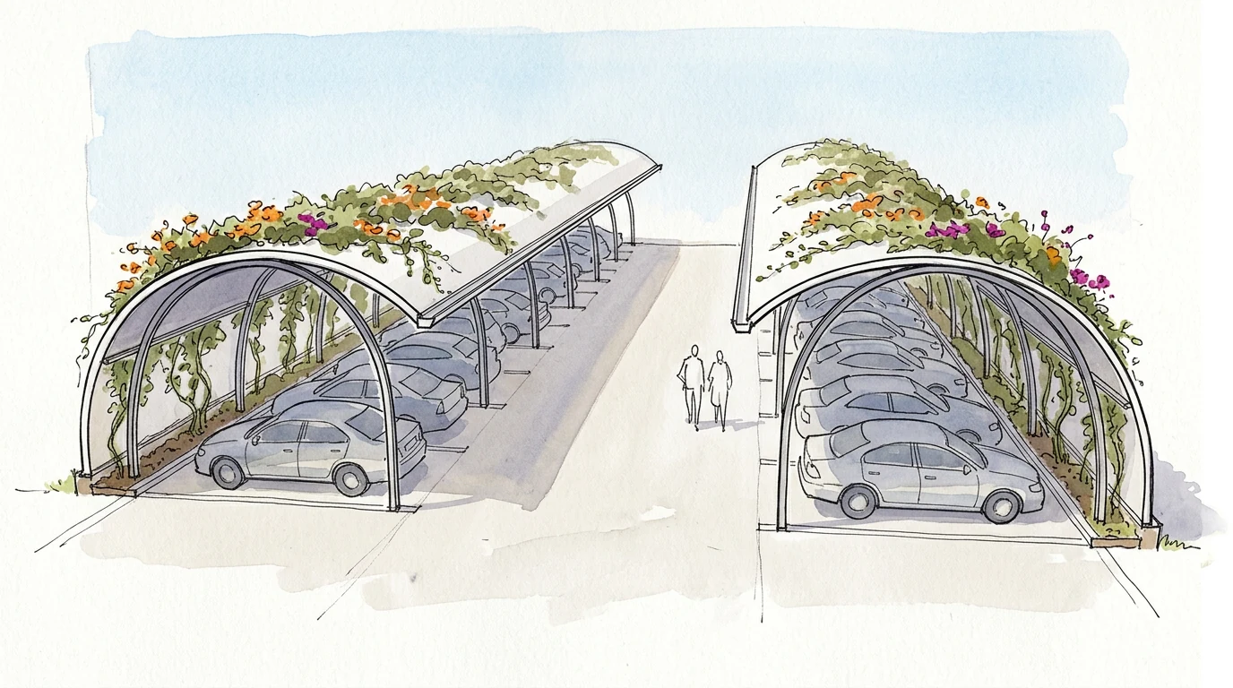 Concept sketch of a green carport: two curved solid roofs over parking with creepers rooted at ground level