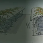 Green Carport: A Curved Roof Over Car Parking, Greened by Creepers