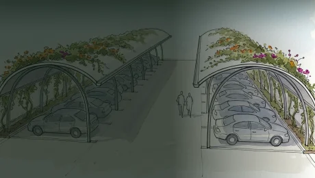 Green carport concept: two curved solid roofs over ten parking bays with creepers rooted at ground level