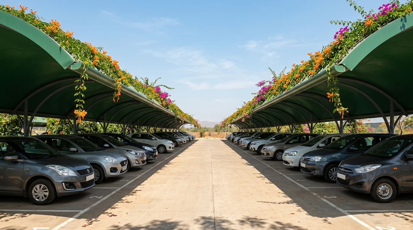Green carport over car parking in Tamil Nadu seen along the open central aisle