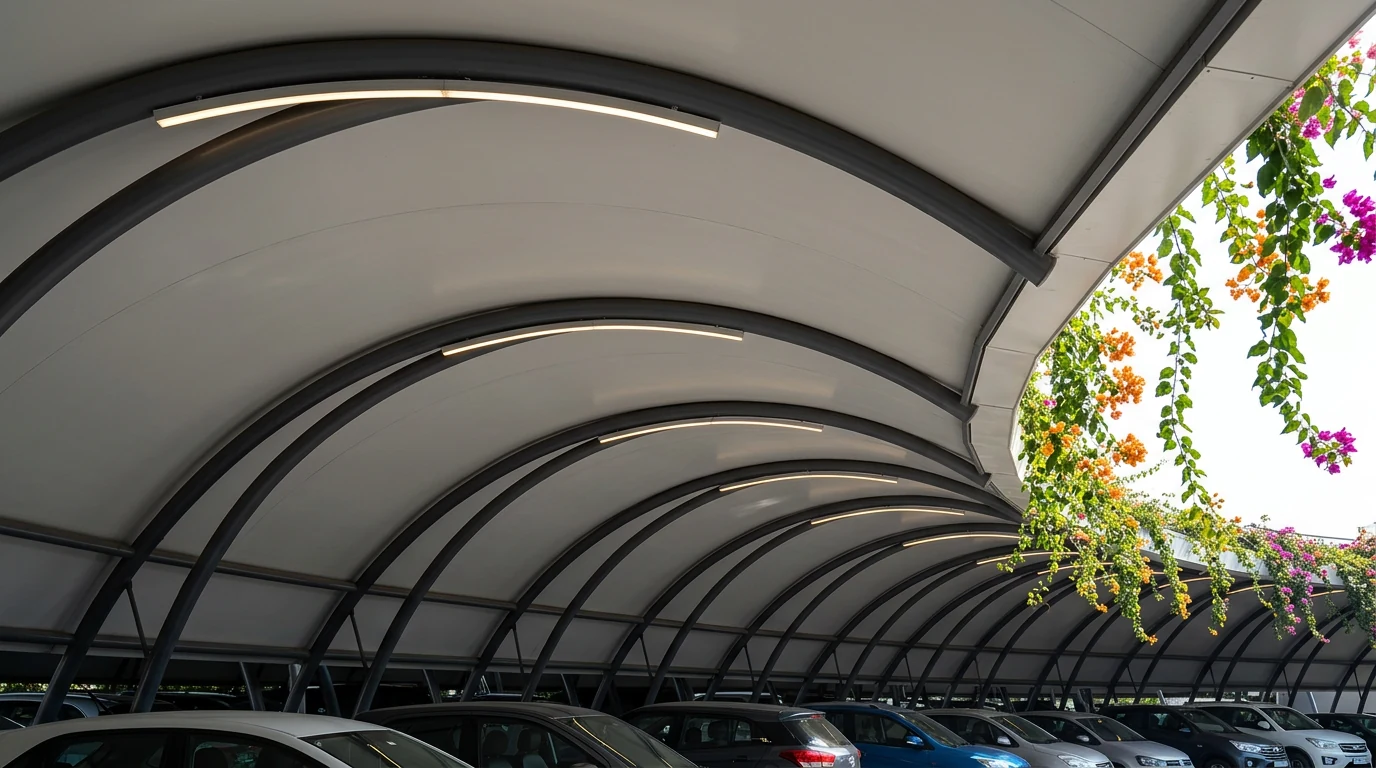 View from beneath a curved green carport roof showing the solid soffit, curved frames and linear lighting