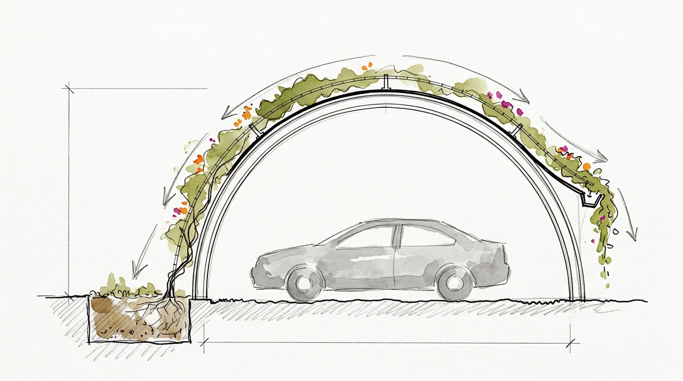 Section sketch through a green carport showing the creeper rooted in a ground-level bed and spreading over the curved roof
