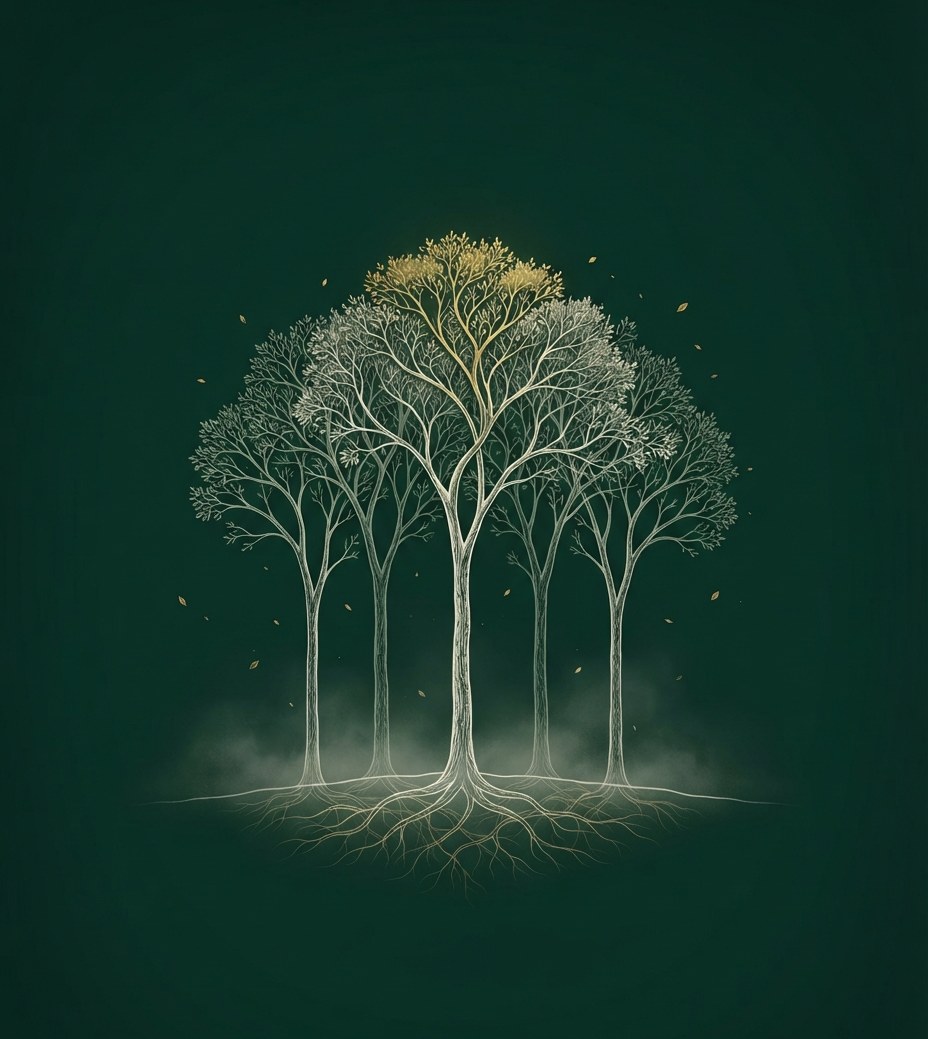 The Grove — five trees, one shared canopy, connected roots