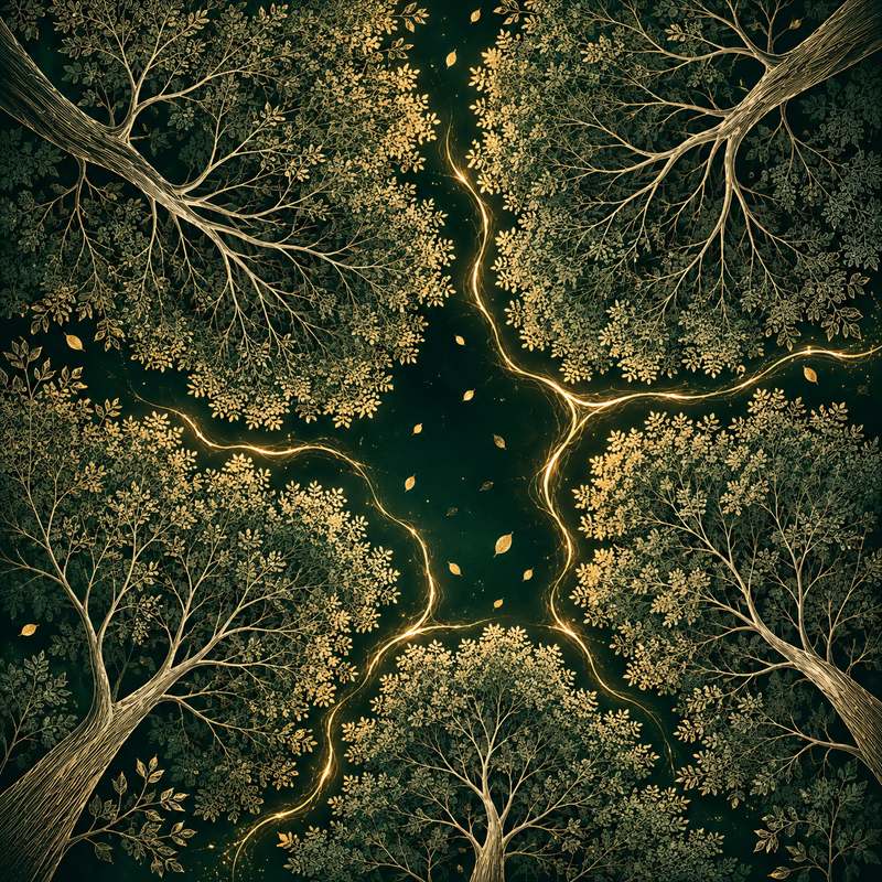 Crown shyness — five tree canopies meeting as one, separated by golden channels of light