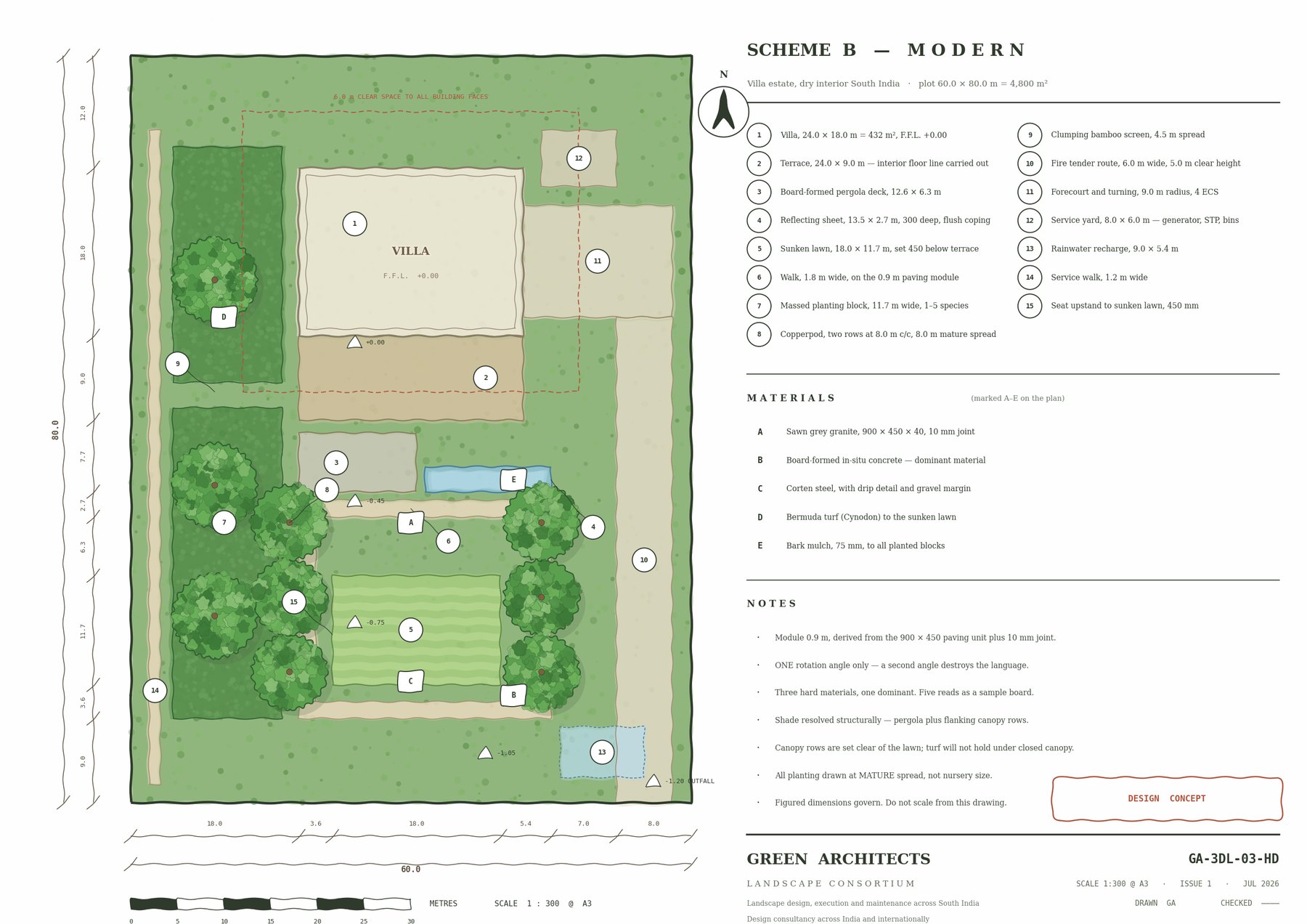 One Plot, Three Design Languages 2 Hand-drawn landscape master plan of the same villa estate in the modern design language, showing an orthogonal grid from a 900 x 450 paving unit, a sunken lawn, a reflecting sheet, a board-formed pergola and flanking Copperpod rows at 1:300