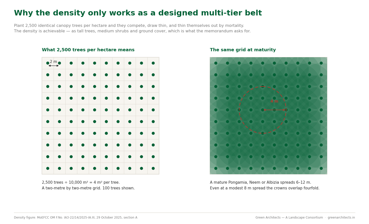 Green Belt Norms for Industries in India (2026): How Much Land You Must Actually Plant 3 Two diagrams: a two-metre by two-metre planting grid of 100 trees, and the same grid showing mature canopy spread overlapping fourfold