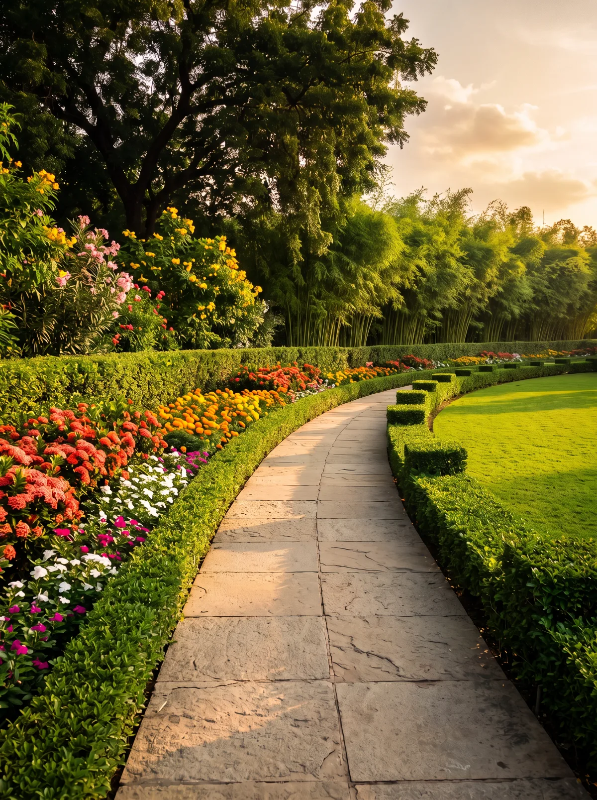 Formal garden walk with Tandur stone paving, clipped hedges, massed flower beds and a bamboo screen