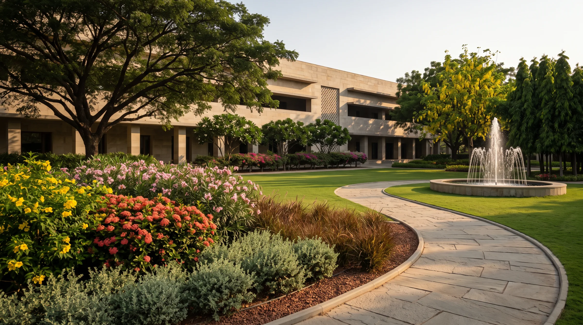 Formal landscape design for a Hyderabad corporate campus — lawn, flowering beds, Tandur limestone building and off-centre fountain in warm evening light
