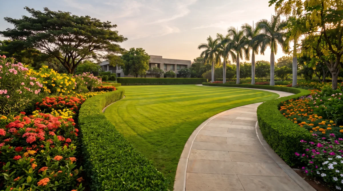 Large formal lawn with curving Tandur stone pathway, clipped hedges, flower beds and royal palm screen