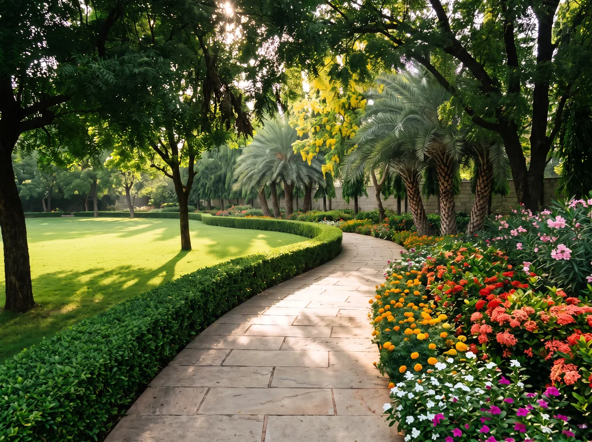 Shaded garden court under tamarind and neem canopy with stone seat wall, clipped hedges and wild date palms
