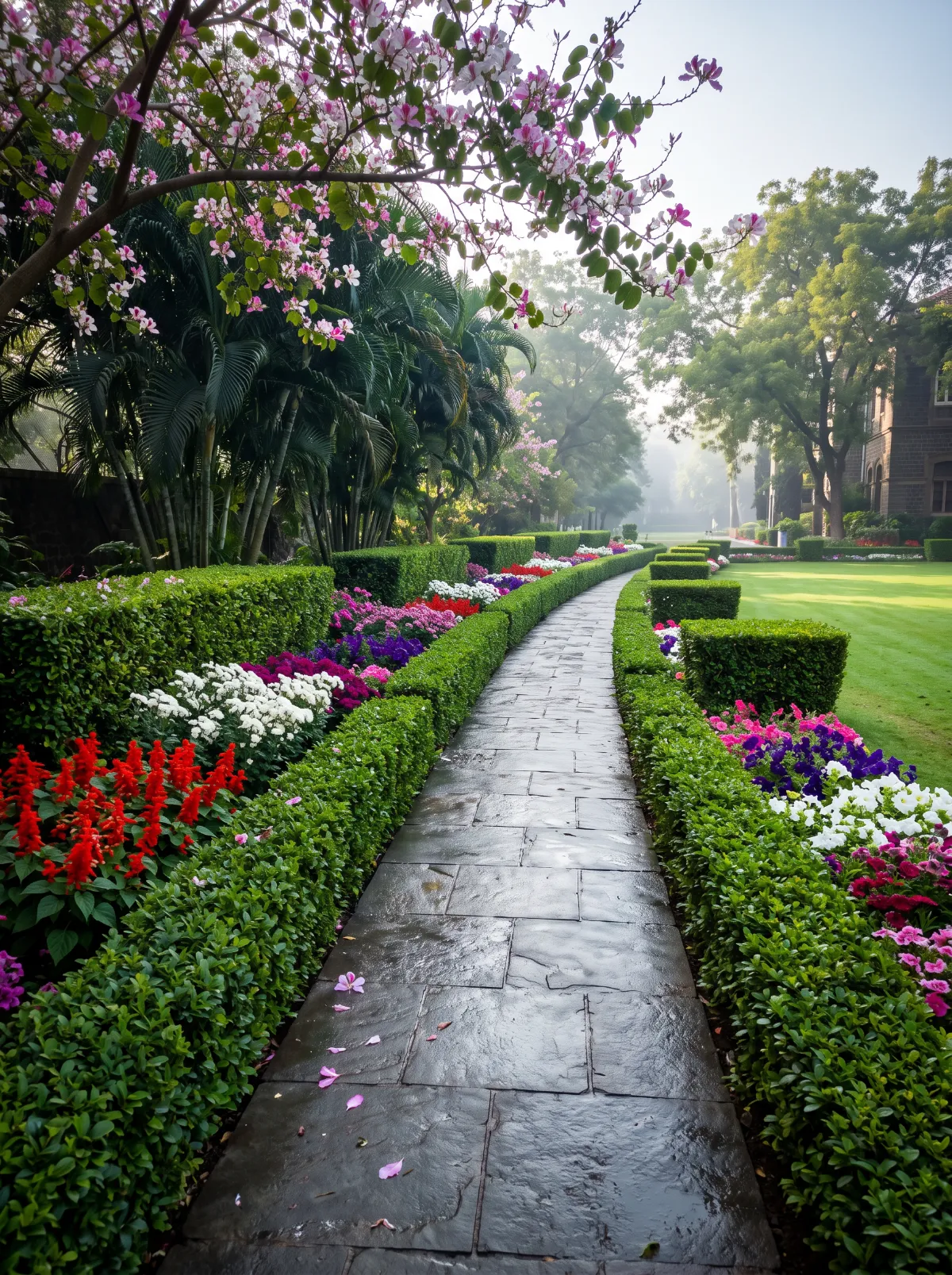Formal garden walk in Pune — wet dark basalt paving between crisply clipped hedges and massed flower borders, under Bauhinia blossom