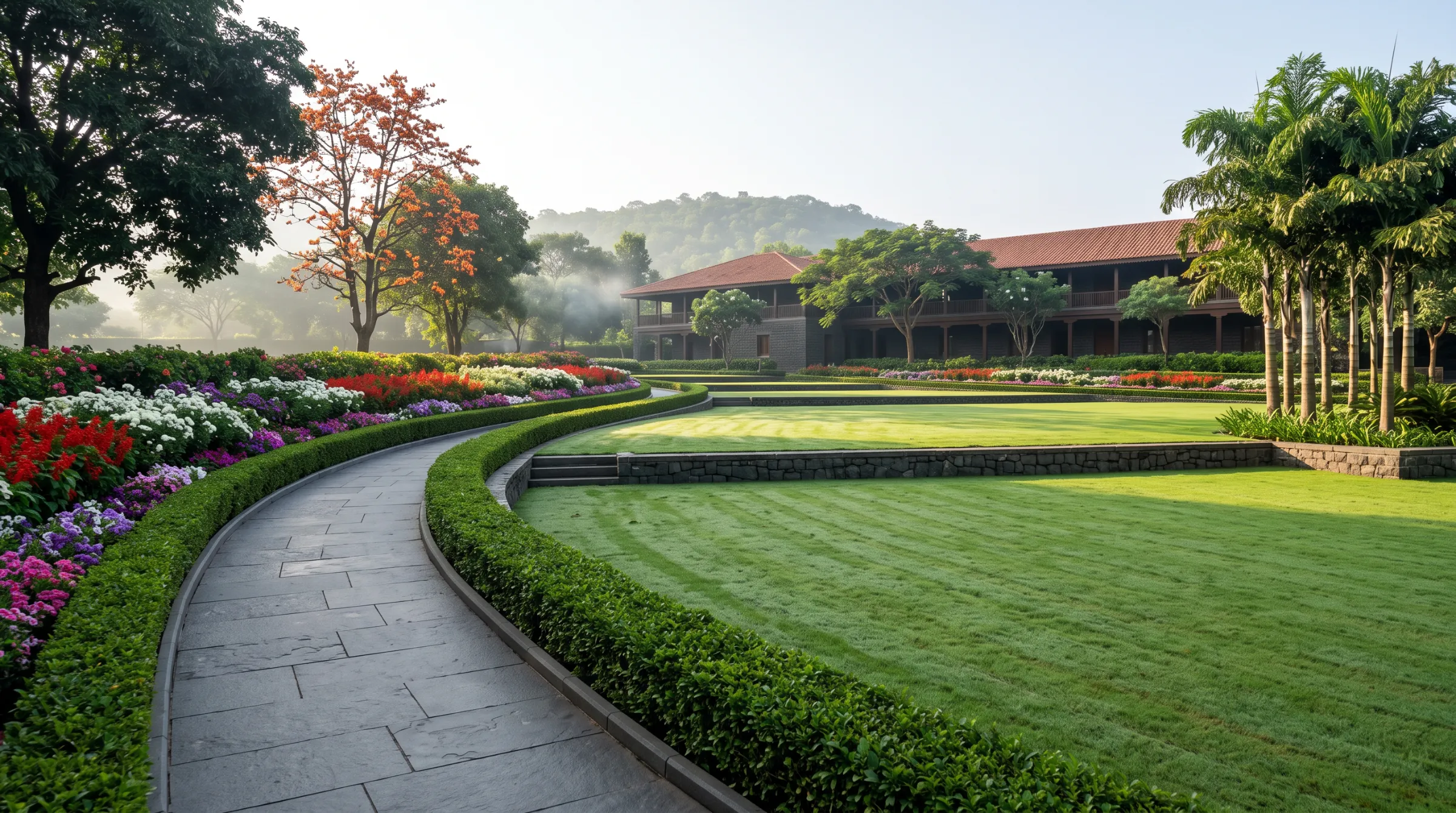 Formal terraced lawn with dark basalt stone pathway, clipped hedges and massed flower beds in front of a wada-style building, Pune, in fresh morning light