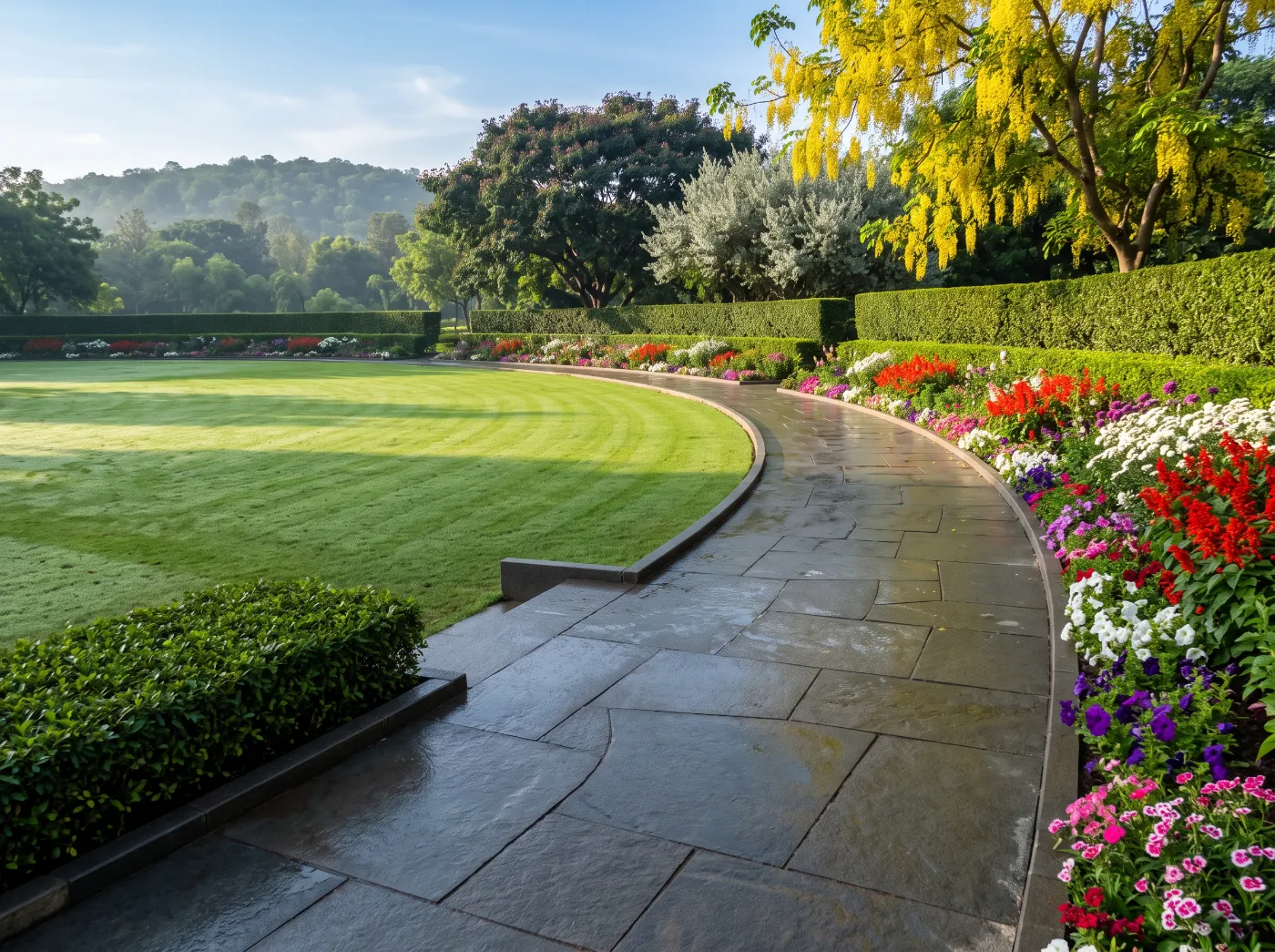 Broad rain-washed basalt pathway sweeping in a curve around a striped lawn, deep flower border and clipped hedge to one side, golden shower tree above