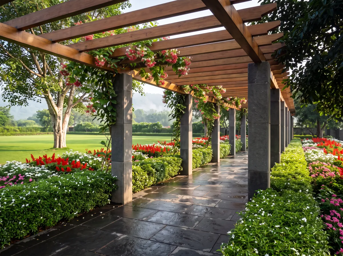 Timber pergola on slim basalt piers carrying Rangoon creeper, with clipped hedges and white flowering borders beside a wet basalt path and a lawn