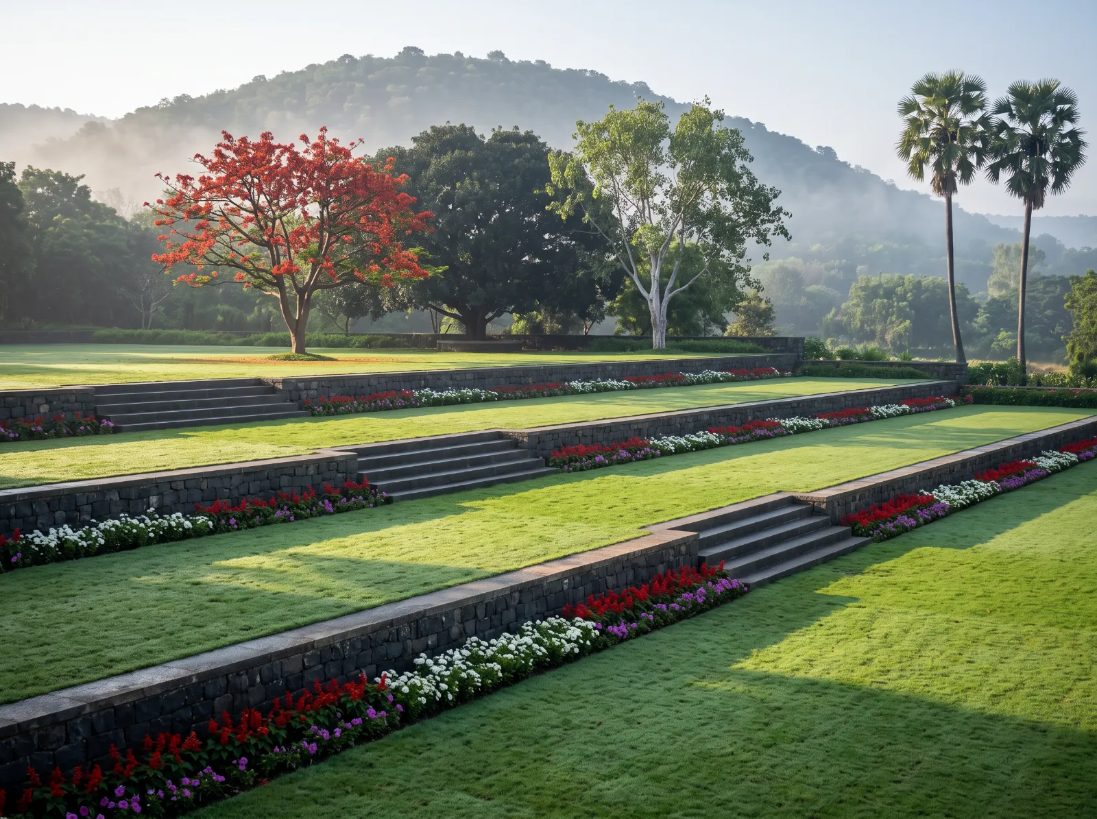 Terraced lawns held by dark basalt riser walls with continuous flower bands, flame-of-the-forest in bloom and palmyra palms against a misty Pune hill