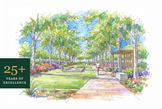 Hand-drawn ink and watercolour park perspective by Green Architects, with a 25+ years of excellence badge