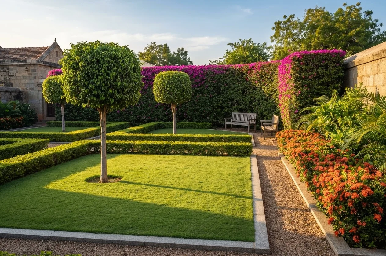 Formal garden in Thanjavur with sheared hedges, standard trees and close-mown lawn